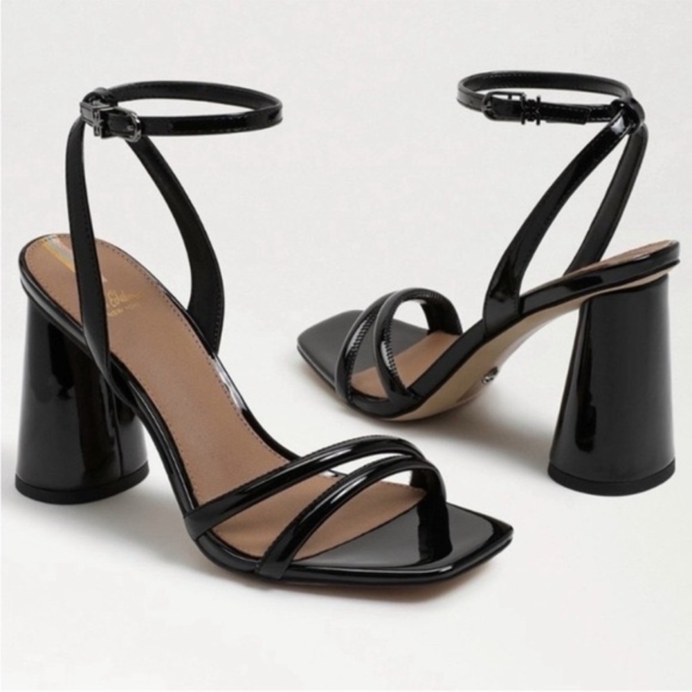 Sam Edelman Kia Black Patent Strappy Block Heel Sandals